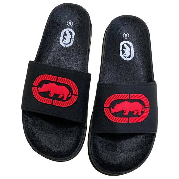 NWT ECKO UNLTD. AUTHENTIC MEN'S 3D LOGO BLACK POOL BEACH SLIP ON SLIDE SANDALS - Picture 1 of 3